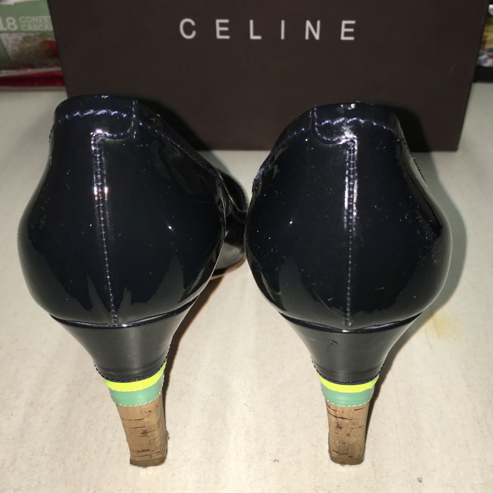 Céline Navy Patent Leather Peep Toe Cork Pumps - Picture 5 of 8